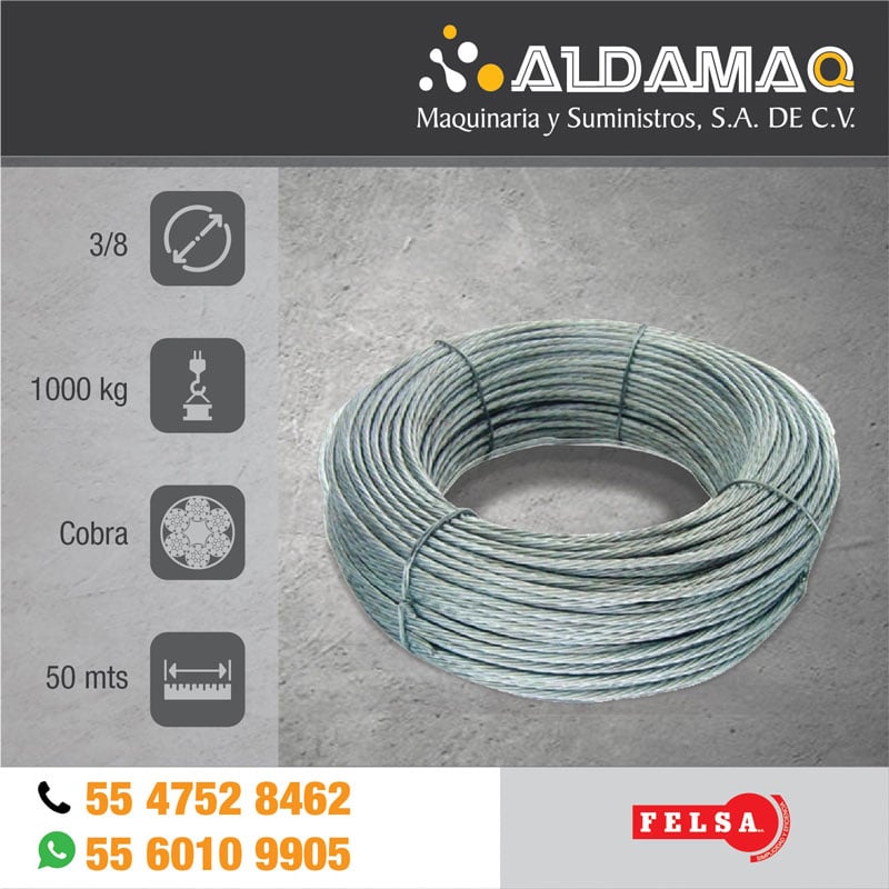 Cable de acero de 3/8 con alma de fibra 50 mts