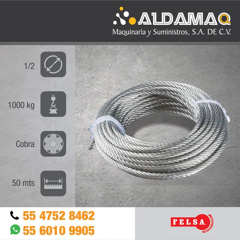 Cable de acero de 1/2 con alma de fibra 50 Mts